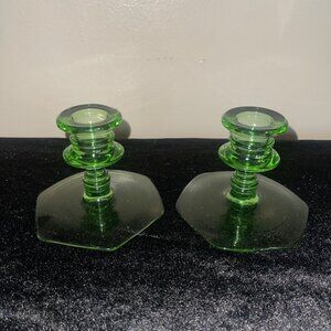 Vintage Green Depression Glass Hexagonal Base Candlestick Holders  Set Of 2